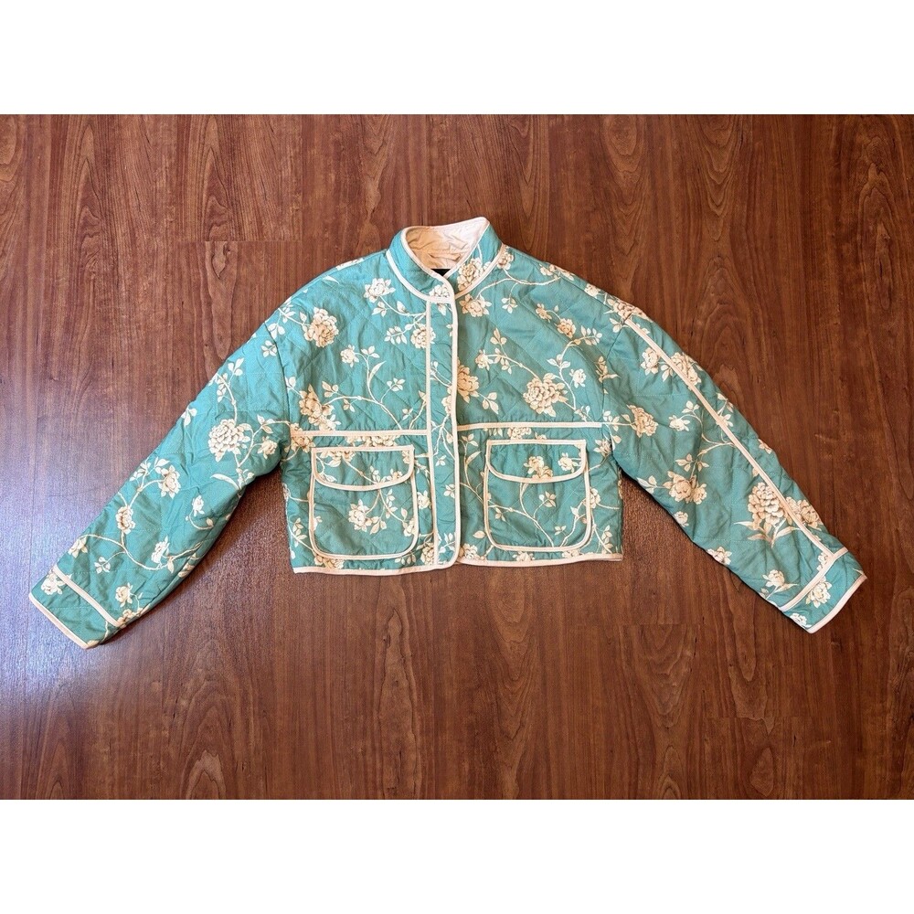 7 for All Mankind Quilted Crop Floral Print Chore Jacket Jade Green Women's S
